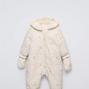 Zara Cream Padded Hooded Baby Footie with Subtle Green Print
